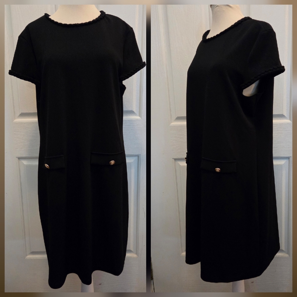 Isaac Mizrahi Dress Black Size XL Couture Braid Neck Gold Buttons Career Date XL